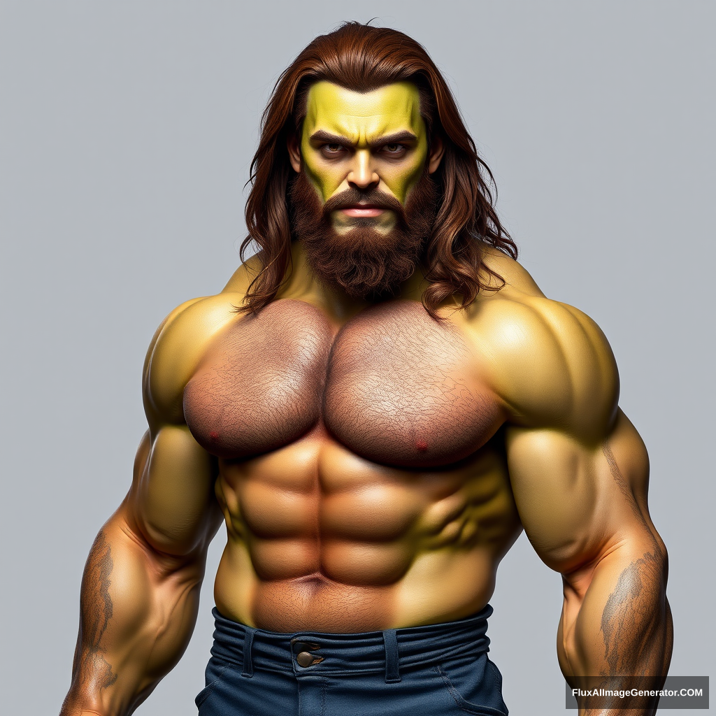 Full body picture of a long brown-haired, short-bearded guy as HULK with a hairy chest.