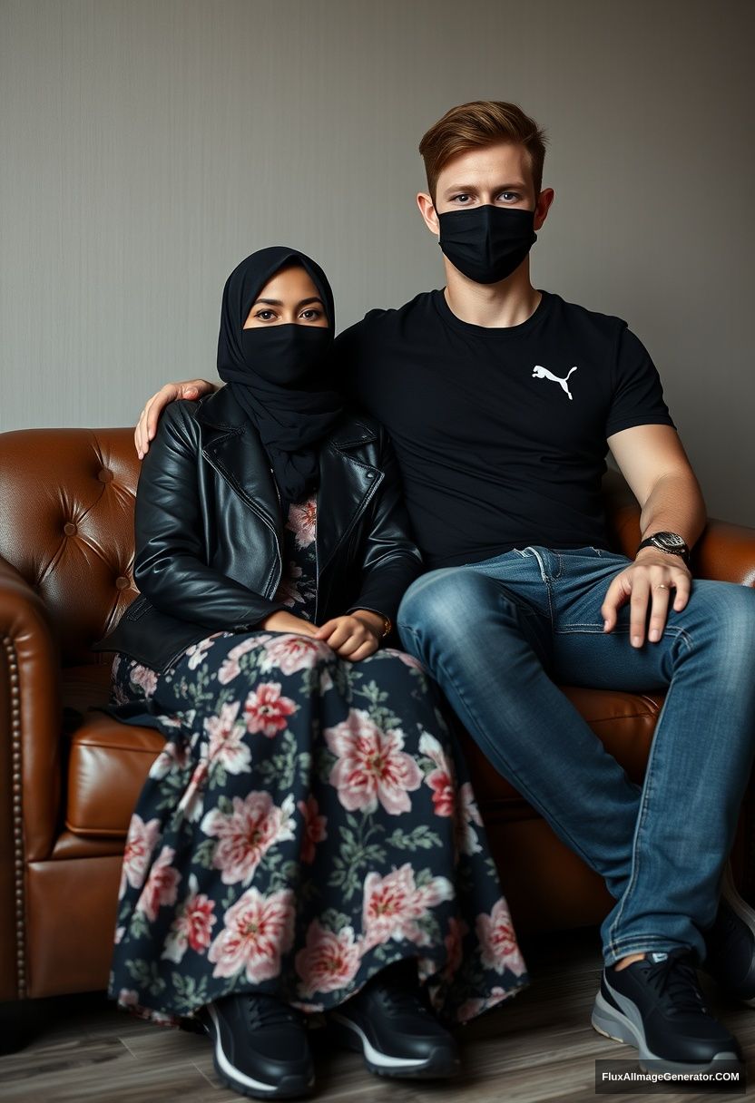 A biggest black hijab girl, slim girl, beautiful eyes, face mask black, black leather jacket, biggest floral long dress, black leather sneaker, sitting on leather single wing sofa,

Jamie Dornan, youngest, puma black T-shirt, jeans, black leather sneaker, tall man, face mask black, fit body, sitting near her,

hyper realistic, studio photography.