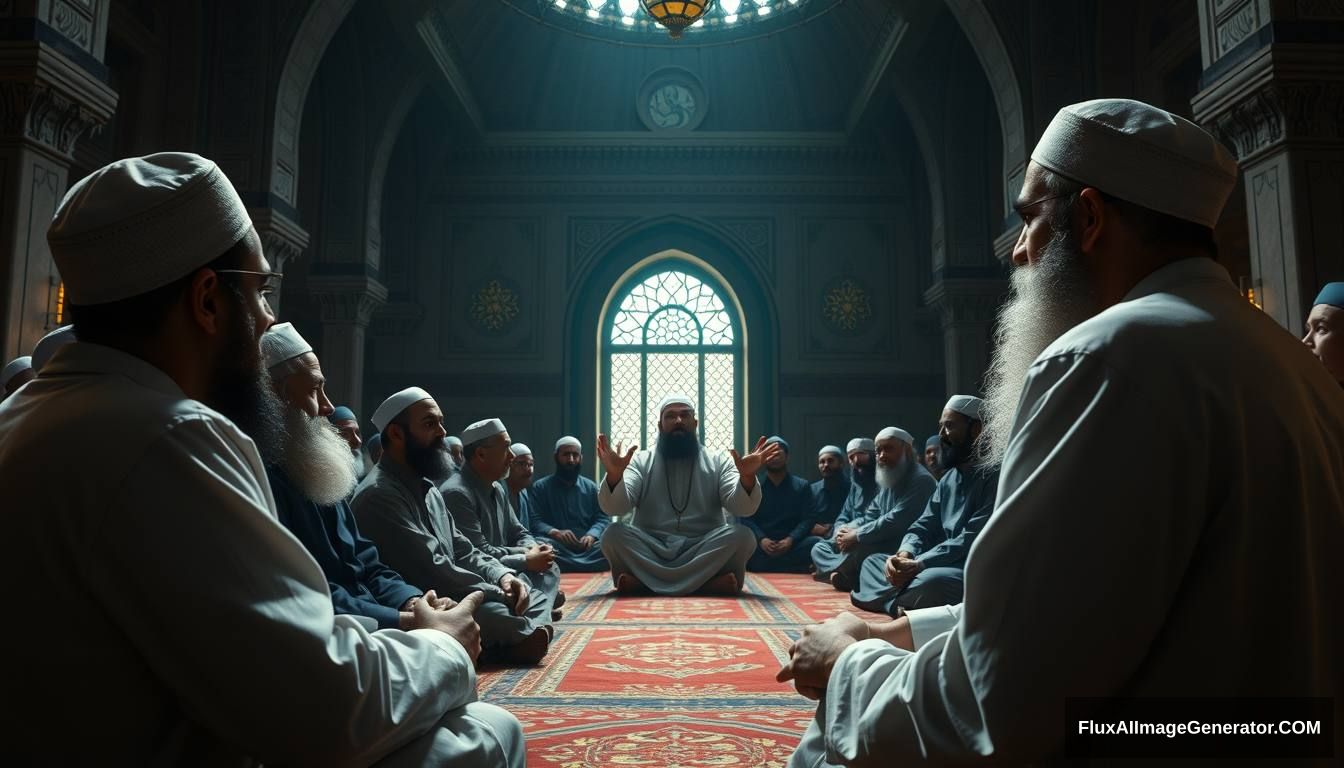 Prophet Muhammad (SAW) addressing his companions in a mosque, explaining the signs of the Dajjal. The scene is filled with calm yet serious expressions, emphasizing the importance of the message. Ultra HD, realistic, respectful, with soft and cinematic lighting.