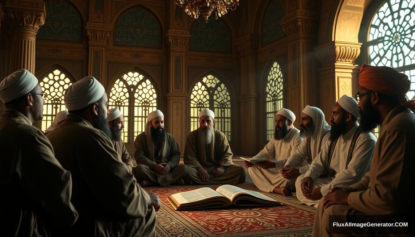 A reflective scene showing a group of Muslims contemplating and discussing the story of Tamim ad-Dari and Dajjal, set in a peaceful, scholarly environment. Ultra HD, realistic, contemplative, with warm and cinematic lighting. - Image