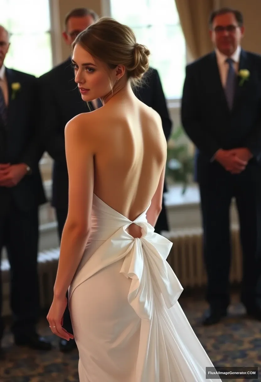 A short young woman, sensitive and delicate, wearing a backless, strapless, side-less, low-waisted contouring wedding dress with a loose open back spilling to the sides, appearing intentionally undone, in front of elder patriarchy, expectations, and perfect posture.