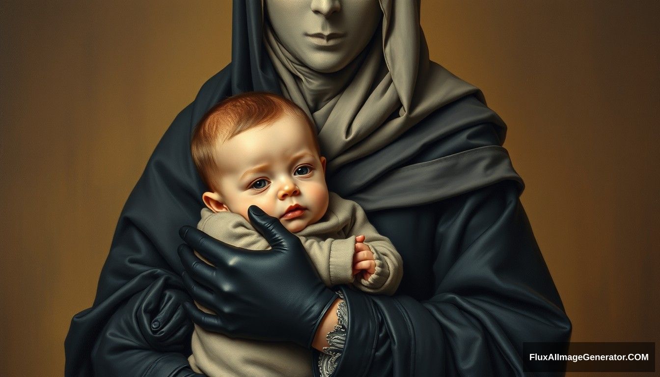 A pious woman is holding a baby boy. Wearing black gloves and a niqab, Maryam is a very devout woman dressed in a black sarong, with her neck covered by a perfect hijab. Realistic, full body, oil painting, old. - Image