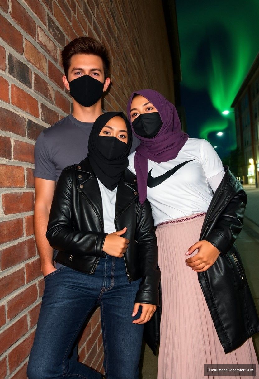 Jamie Dornan, tall and handsome, wearing a black face mask, a white Nike T-shirt, and jeans, is dating a romantic hijab-wearing Muslim girl with beautiful eyes. She is also wearing a black face mask, a leather jacket, and the longest, biggest skirt. She is not tall. They are laying against a brick wall in town, captured in a photorealistic style, with street photography and selfie photos in a night scenery with aurora.