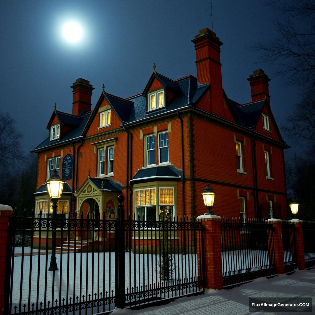 Old British manor, red brick, winter, midnight, wrought iron fence, street lights, full moon, snow, five stories, large towers at corners, simplistic shapes, large attic, beautiful roof, warm dim lights, family mansion, very dark night, shot on old Sony camera. - Image