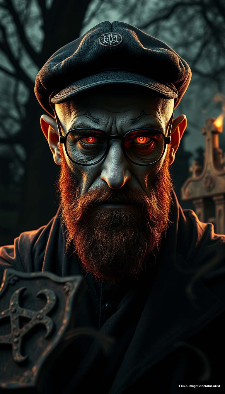 A bald necromancer with a fiery ginger beard, flat cap, and aviator glasses undergoes a demonic-lich transformation. Arcane sigils are etched on ashen skin, with eyes glowing with hellfire. Tattered robes swirl with ethereal mist. Dark fantasy style, chiaroscuro lighting. An eerie Victorian graveyard serves as the backdrop.