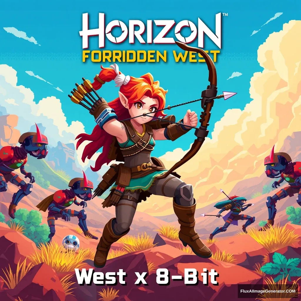 A high-energy poster showing Aloy from Horizon Forbidden West in a classic 8-bit video game environment, battling pixelated robotic enemies with her bow and arrows in a vibrant, retro-inspired landscape. With Text: "Horizon Forbidden West x 8-Bit" - Image