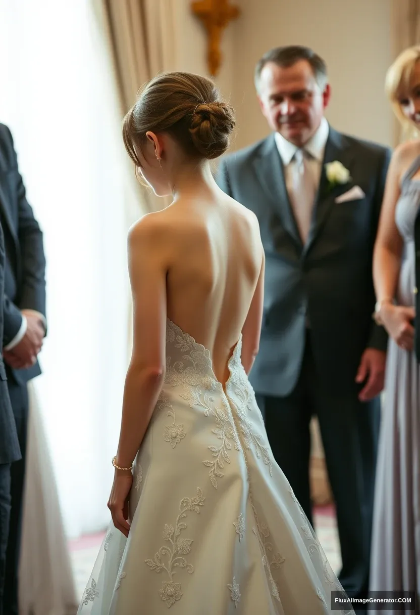 A petite young woman, sensitive, delicate, girly, backless strapless side-less low-waisted V open cut line contouring wedding dress. Fawning obediently mingling with fathers. Expectations. Perfect posture. Pale skin. - Image