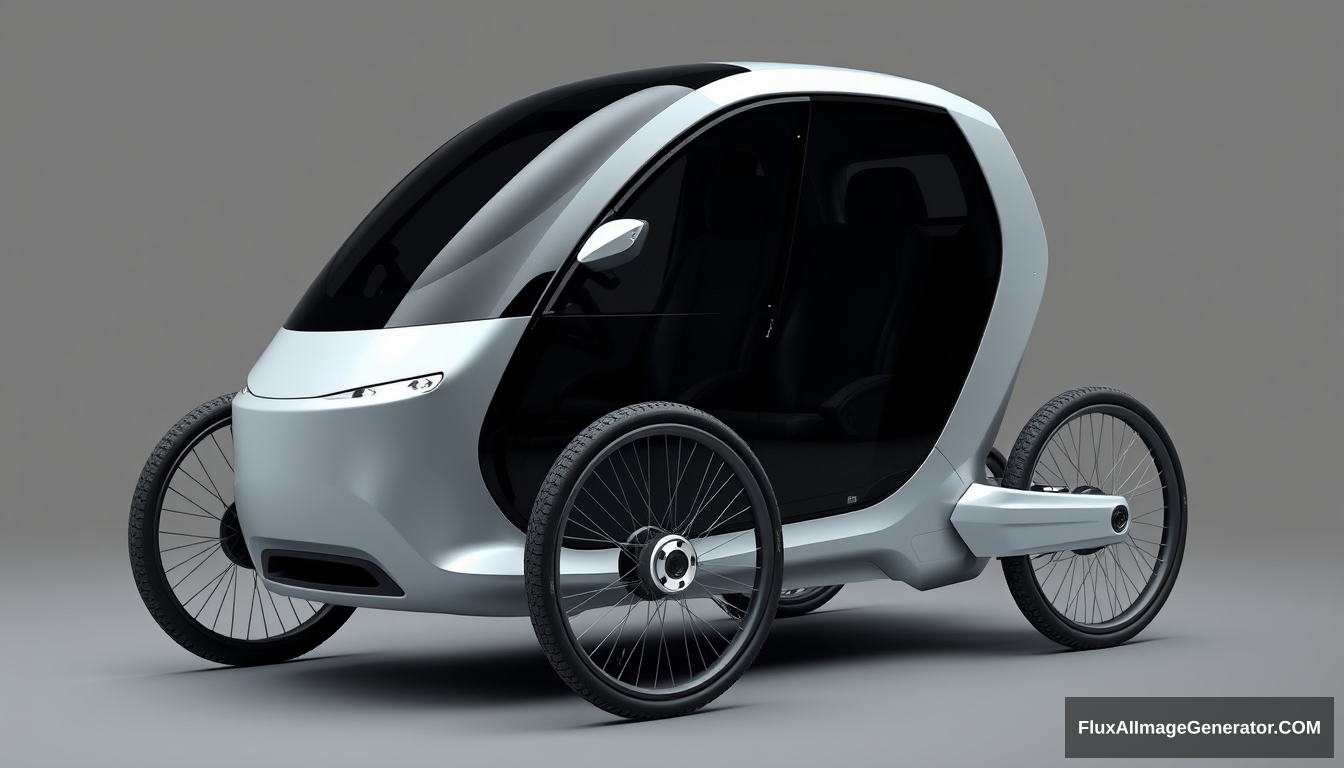 3-wheeled, enclosed, concept car, 2 wheels in front, (1 wheel in back), 4k, wide bicycle wheels, 3' tall, sleek, detailed. - Image