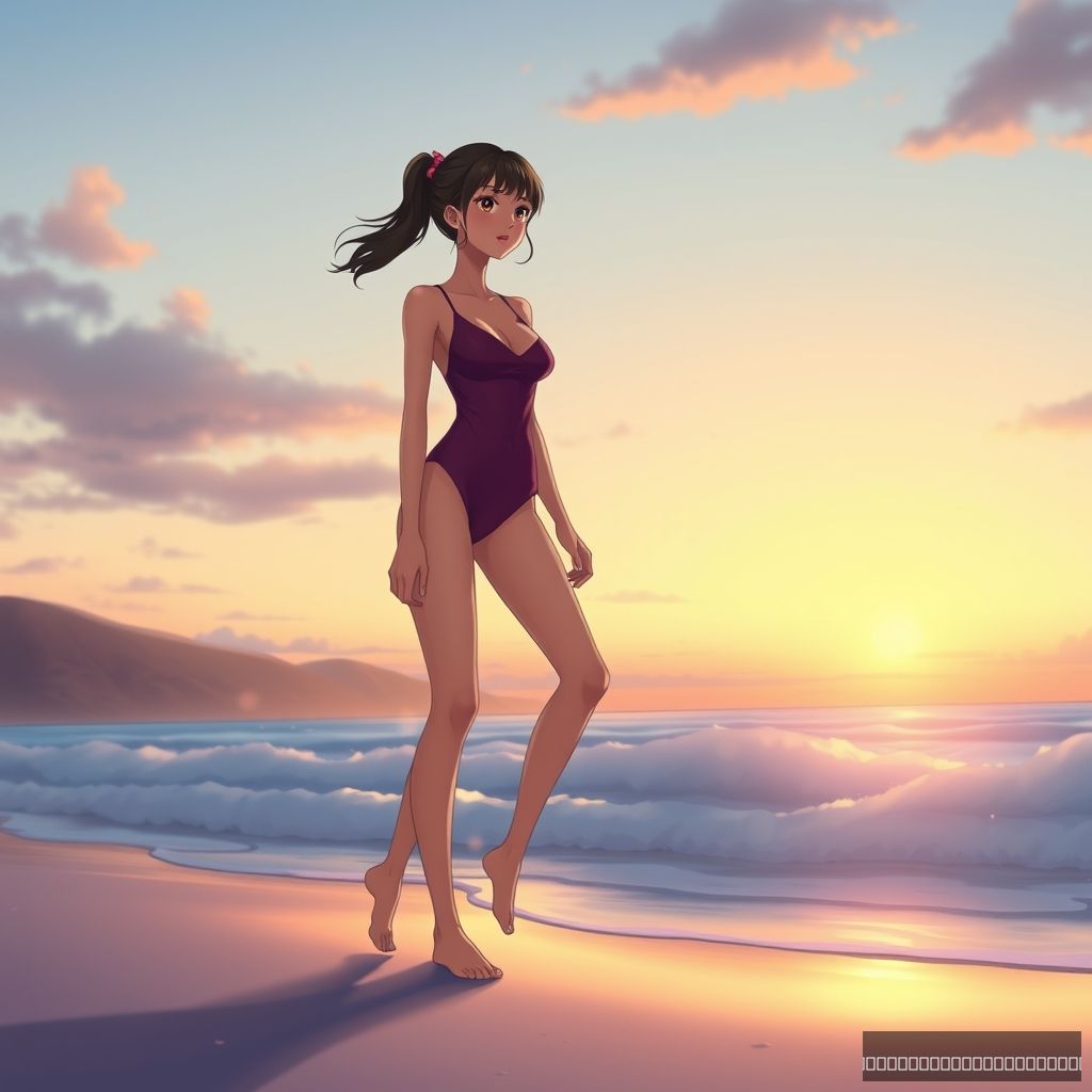 A woman in a swimsuit walking by the sea, beach, dusk, Chinese person, anime.