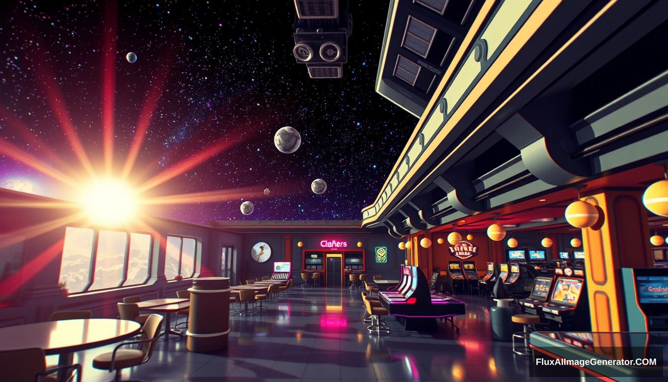 Cel shaded art, wide shot, from above, Dutch angle, from side, perspective, intense angle, depth of field. Space, universe, space station, lobby, sunlight, retro, 70s, indoor, night, star, neon, warm light, game room, entertainment, glass ceiling.