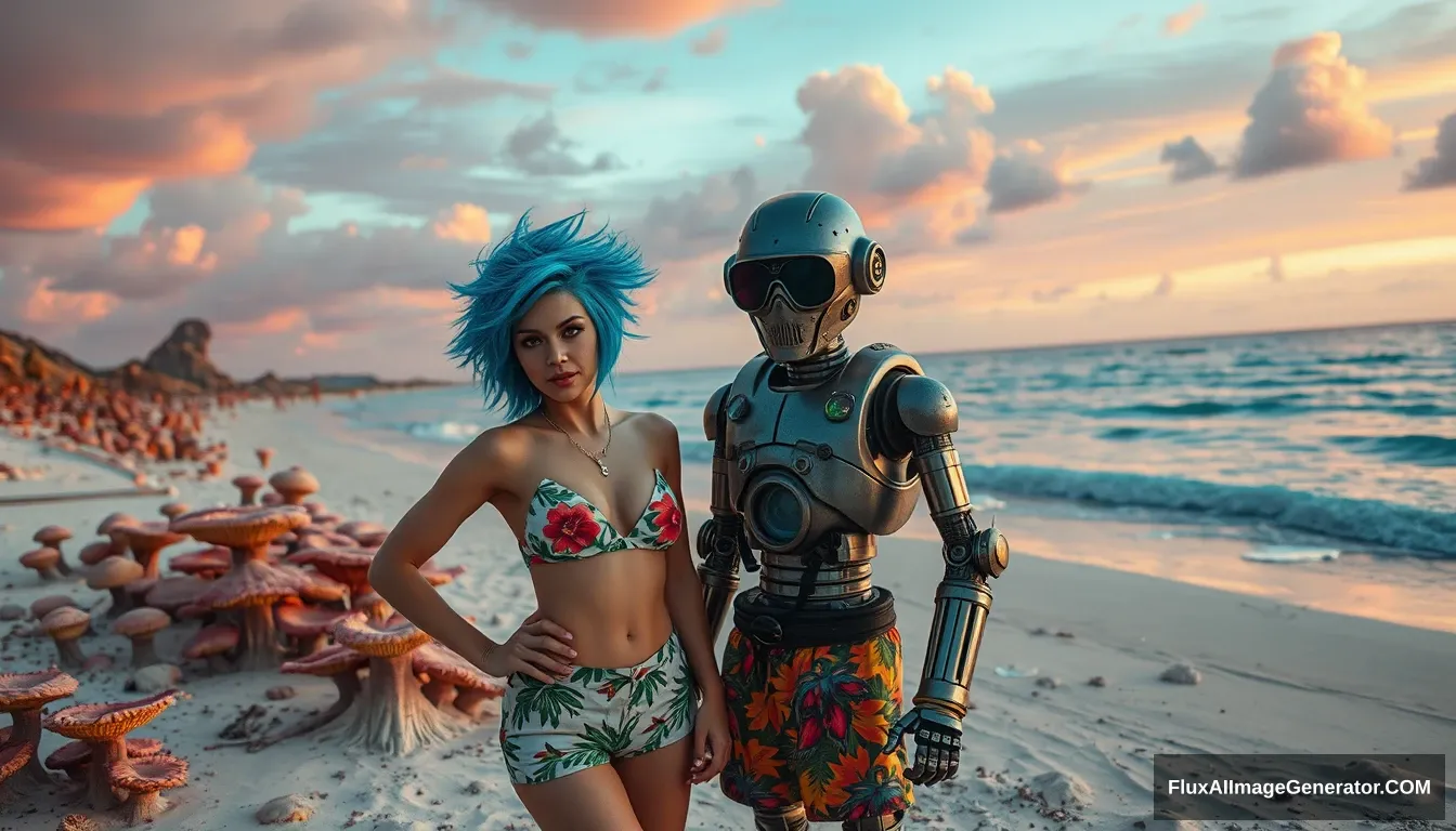 Cinematic Photo of a couple in the intricate style of Enki Bilal: A delicious attractive punk girl with electric blue spiky hair and a charming retro-futuristic robot in Hawaiian shorts, on a surreal alien beach adorned with iridescent fungi and shimmering lakes, all beneath a vibrant, dreamlike sky. - Image