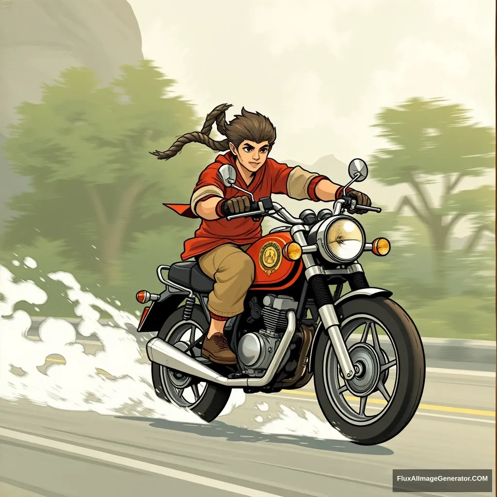 "Sun Wukong rides a motorcycle."