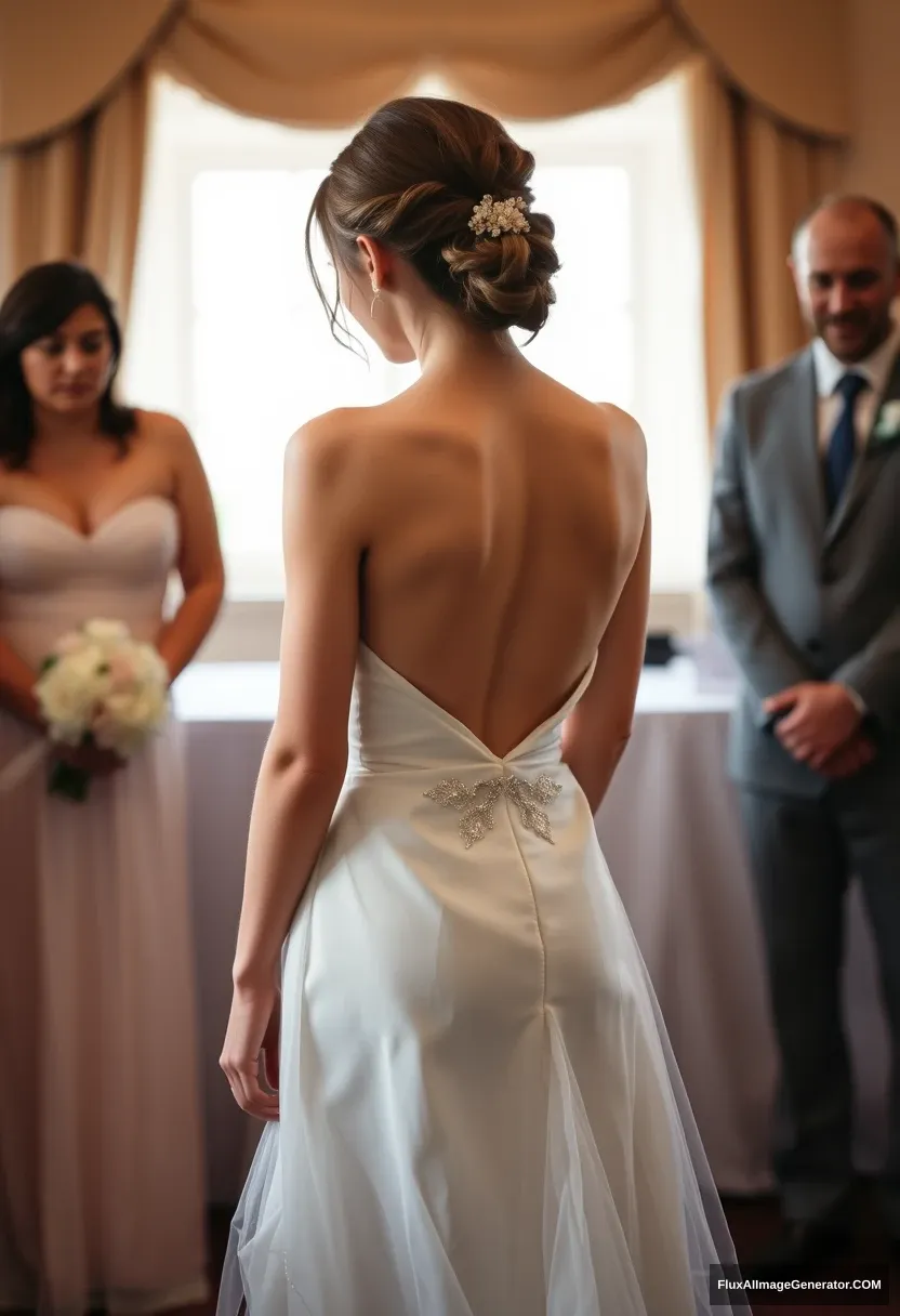 A short young woman, sensitive, delicate, ashamed, wearing a backless, strapless, side-less, low-waisted wedding dress, in front of patriarchy, expectations.