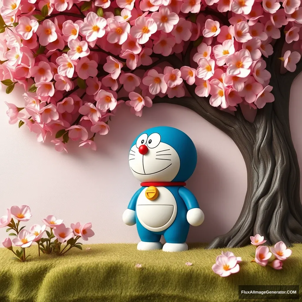 The lovable blue robotic cat, Doraemon, patiently stands under the exquisite pink petal cherry blossom tree, waiting for the arrival of his young friend. The scene is captured in a shallow relief style, with the characters and plants cleverly rising from the background, creating a sense of depth and dimension. Doraemon's round shape and gentle expression convey a quiet sense of anticipation, while the layered flowers add tranquility and a beautiful atmosphere to the serene picture.