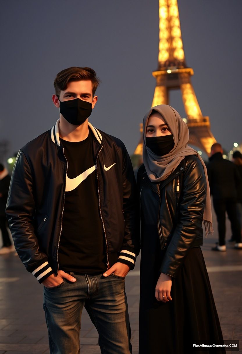 Jamie Dornan, youngest, black face mask, collage jacket, Nike t-shirt, jeans, tall man, fit body,

Dating, love with the biggest gray hijab Muslim girl, beautiful eyes, black face mask, leather jacket, biggest longest skirt, cute short girl,

standing near the Eiffel Tower, night scenery, hyper-realistic, photorealistic, street photography.