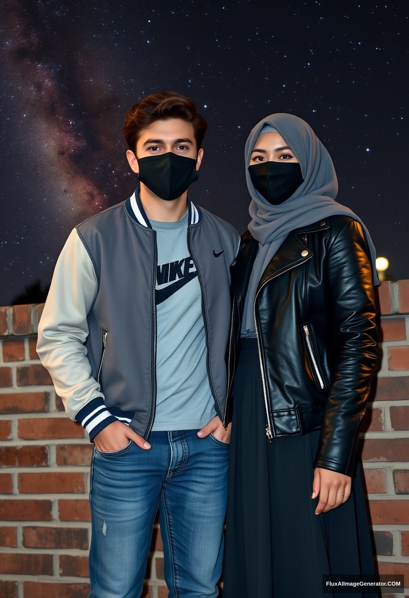 Jamie Dornan, youngest, black face mask, collage jacket, Nike t-shirt, jeans, tall man, fit body,

Dating, love with the biggest grey hijab Muslim girl, beautiful eyes, black face mask, leather jacket, biggest longest skirt, cute petite girl,

standing at a brick wall, night scenery, Milky Way, hyper-realistic, photorealistic, street photography.