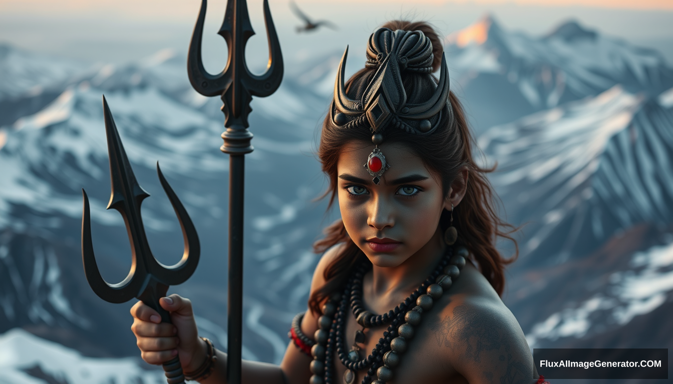 young Mahadev, trident, 3 eyes, evening, snow mountains, bird's eye view - Image