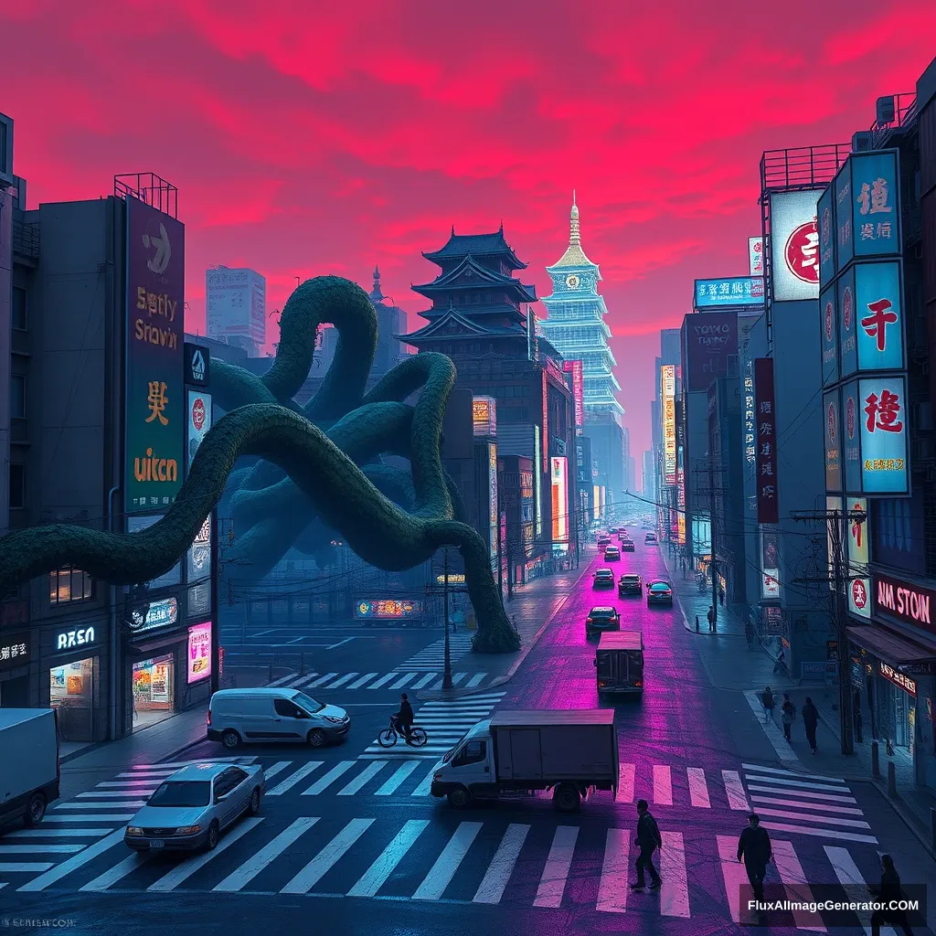 A cyberpunk style video game concept painting, wide-angle view of Tokyo city, Shibuya Scramble Crossing, buildings corrupted by many giant vines, night scene, crosswalk line, abandoned cars and trucks, blue and purple neon lights, Japanese Edo Castle, sky dyed red.