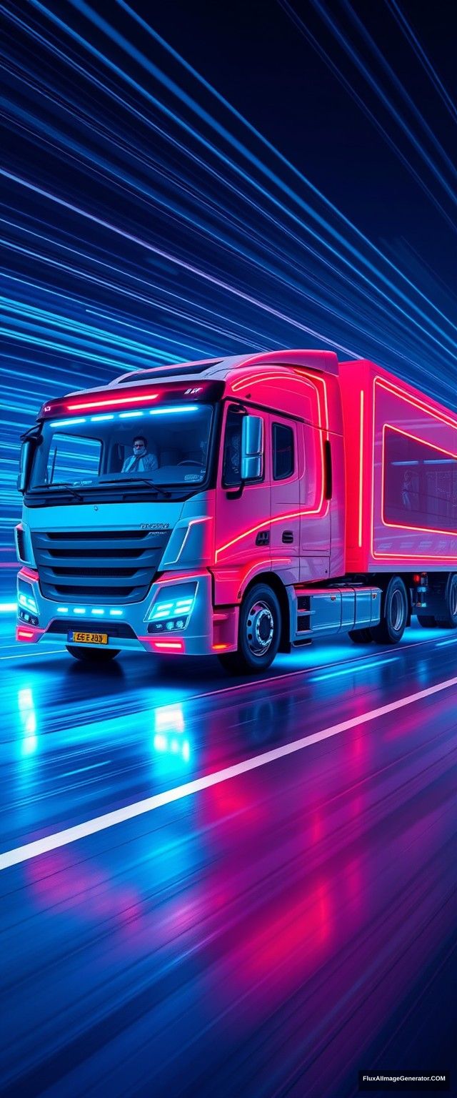 The truck has simple and dynamic lines, driving high-tech trucks, speed lines, glow, the overall picture is bright and clean, full of future, science and technology, blue atmosphere, showing the whole body, panoramic view.