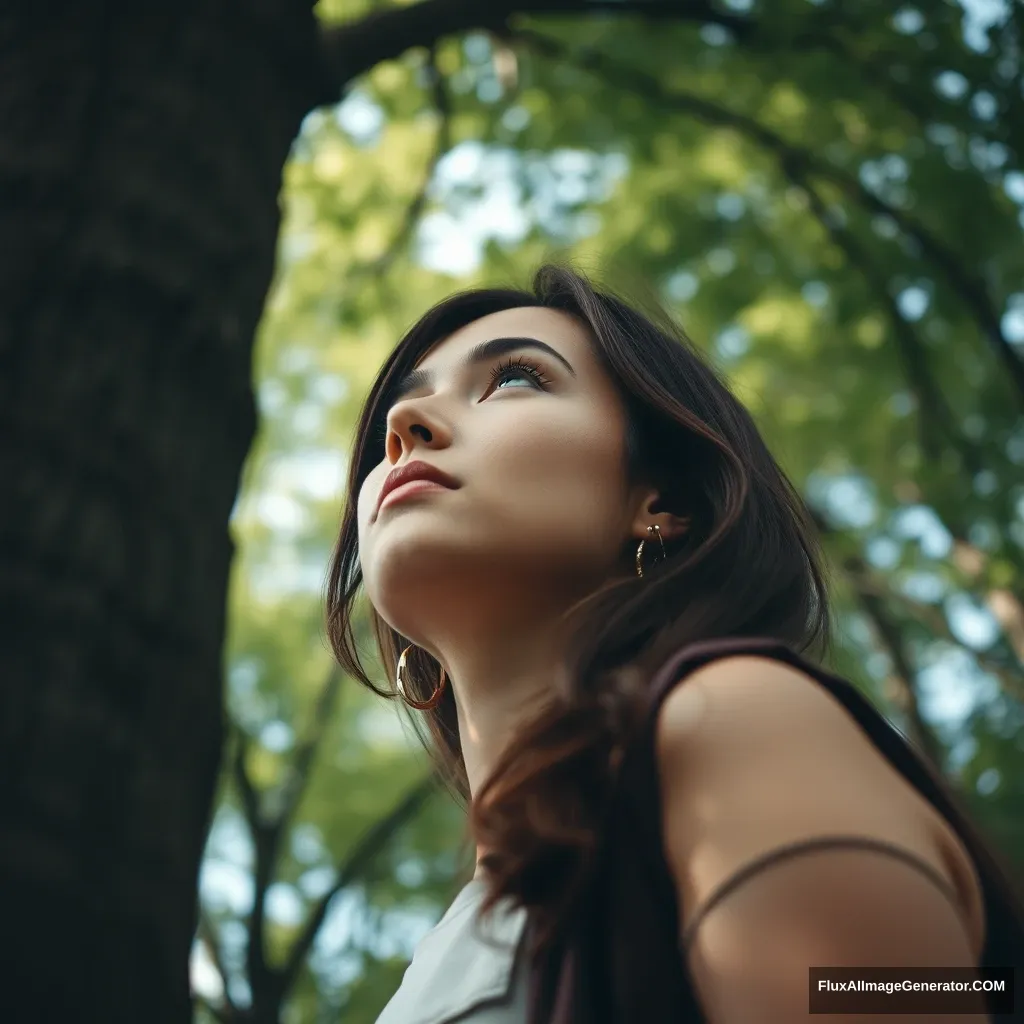 Low angle wide shot. A woman is looking at the tree.