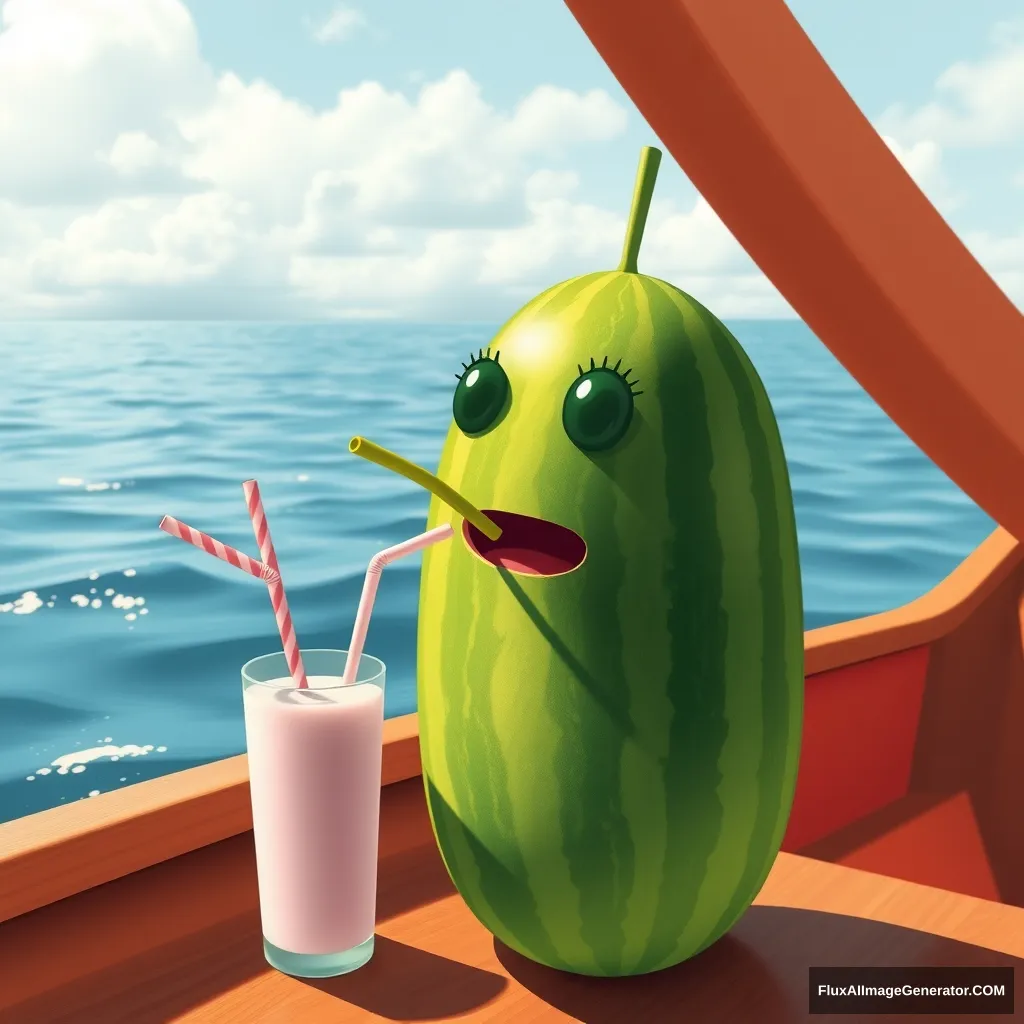 'a melon drinking a milkshake with a straw on a boat (just one straw)' - Image