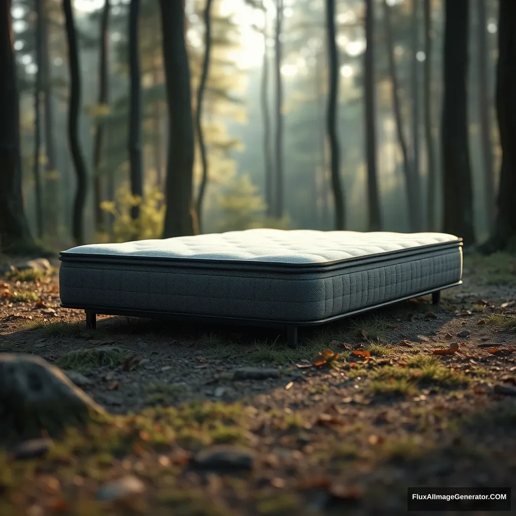 C4D, realistic rendering, a product image, the product type is a mattress, outdoors, the product name is "Suibao Mattress," more details, forest, morning light. - Image