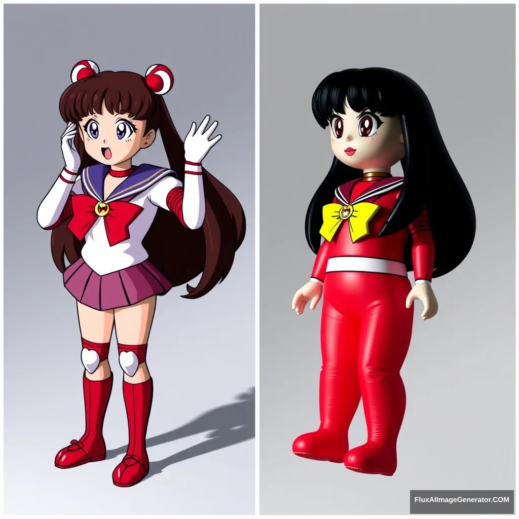 The photograph clearly depicts Sailor Mars panicking and freaking out as she is turned into an inflatable doll from left to right with stark contrast. - Image