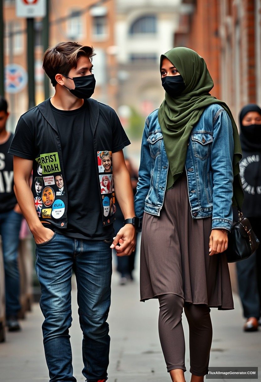 Jamie Dornan, young, black face mask, black T-shirt, riot collage jacket, jeans, red sneakers, dating romantically with a Muslim girl in army green hijab, beautiful eyes, black face mask, jeans jacket, longest skirt, not tall girl, photorealistic, street photography, full photography.