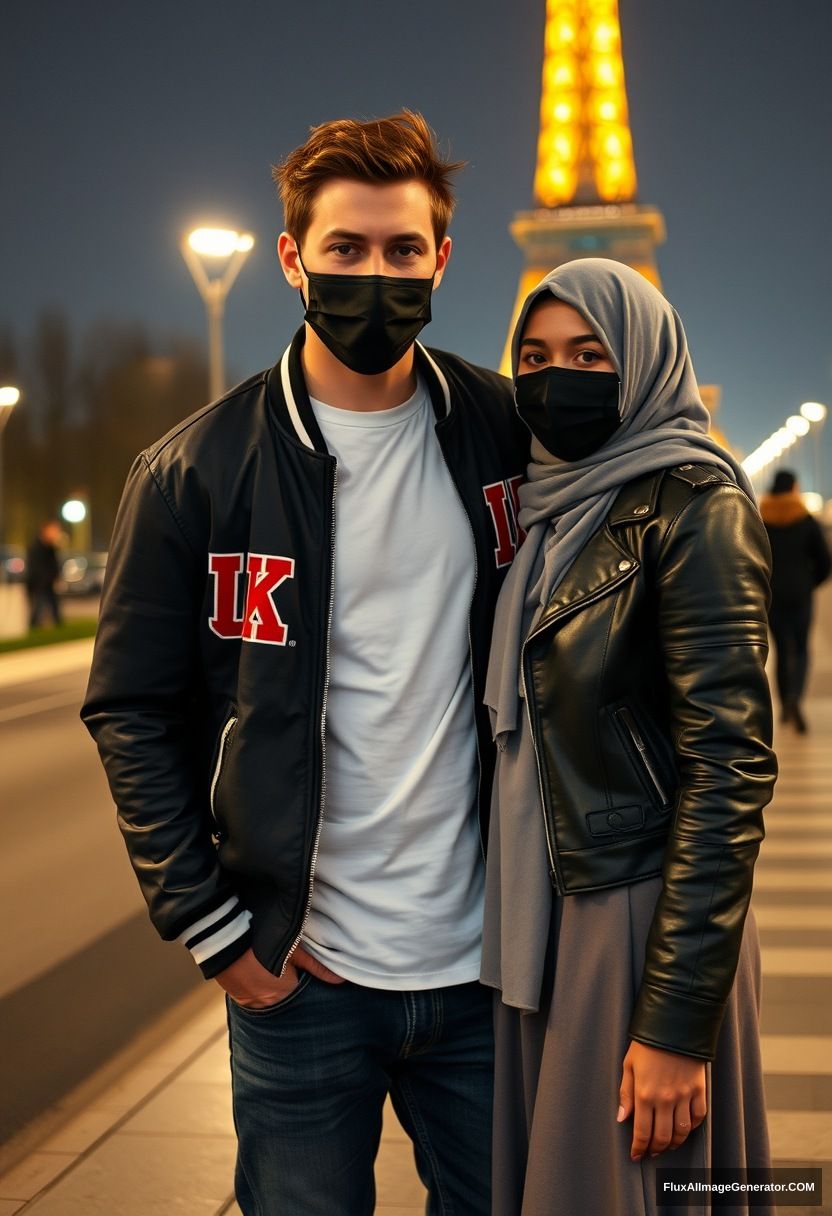 Jamie Dornan, young, black face mask, UK college jacket, Nike t-shirt, jeans, tall man, fit body,

Dating, love with the biggest grey hijab Muslim girl, beautiful eyes, black face mask, leather jacket, the biggest longest skirt, cute not tall girl,

standing near the Eiffel Tower, night scenery, hyper-realistic, photorealistic, street photography. - Image