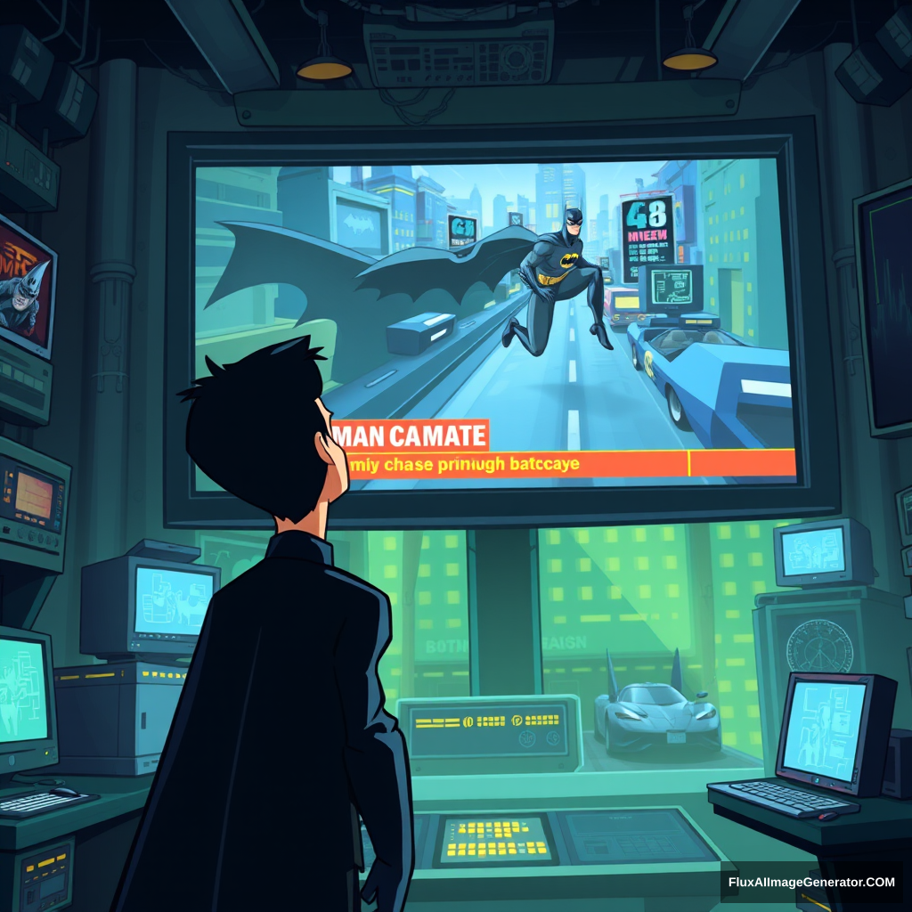 Bruce Wayne, dressed in his signature dark suit, stands in front of a massive computer screen inside the dimly lit Batcave. The screen displays a news broadcast showing Batman, mid-chase, pursuing criminals through the city. The Batcave is filled with high-tech gadgets, glowing monitors, and the iconic Batmobile in the background. The scene is depicted in a cartoon animated style, with exaggerated features, vibrant colors, and dynamic lighting that highlights the intensity of the moment. - Image