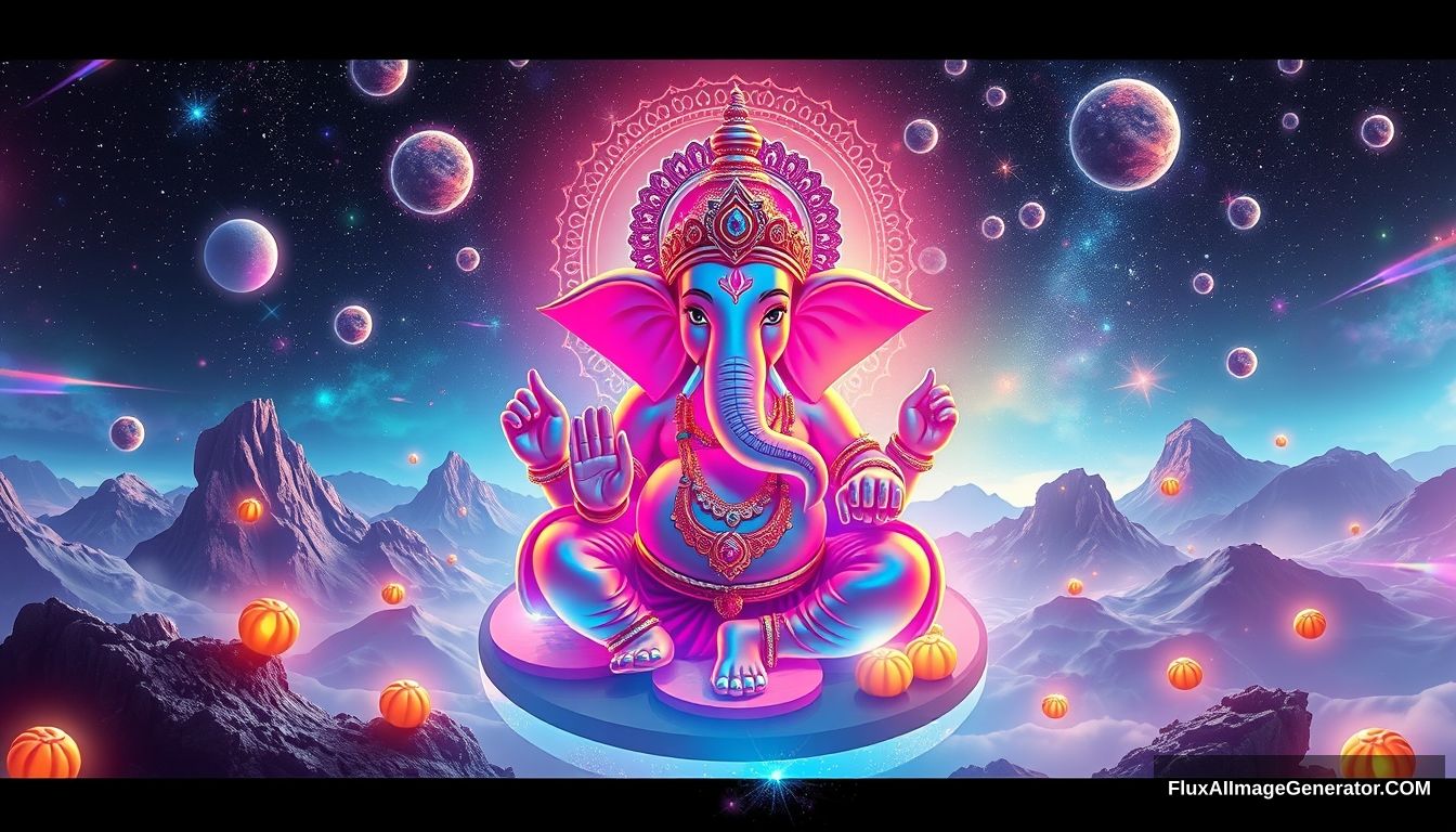 Create an out-of-this-world, futuristic depiction of the Ganesha festival. Imagine Lord Ganesha in a surreal cosmic setting, surrounded by floating galaxies, neon lights, and otherworldly landscapes. Use holographic and iridescent colors to highlight Ganesha’s form, blending traditional symbols like the elephant head and modaks with futuristic elements such as digital patterns and sci-fi motifs. Incorporate ethereal light beams, celestial bodies, and a sense of weightlessness to convey a cosmic celebration. The image should evoke a sense of awe and wonder, blending spiritual reverence with futuristic imagination. - Image