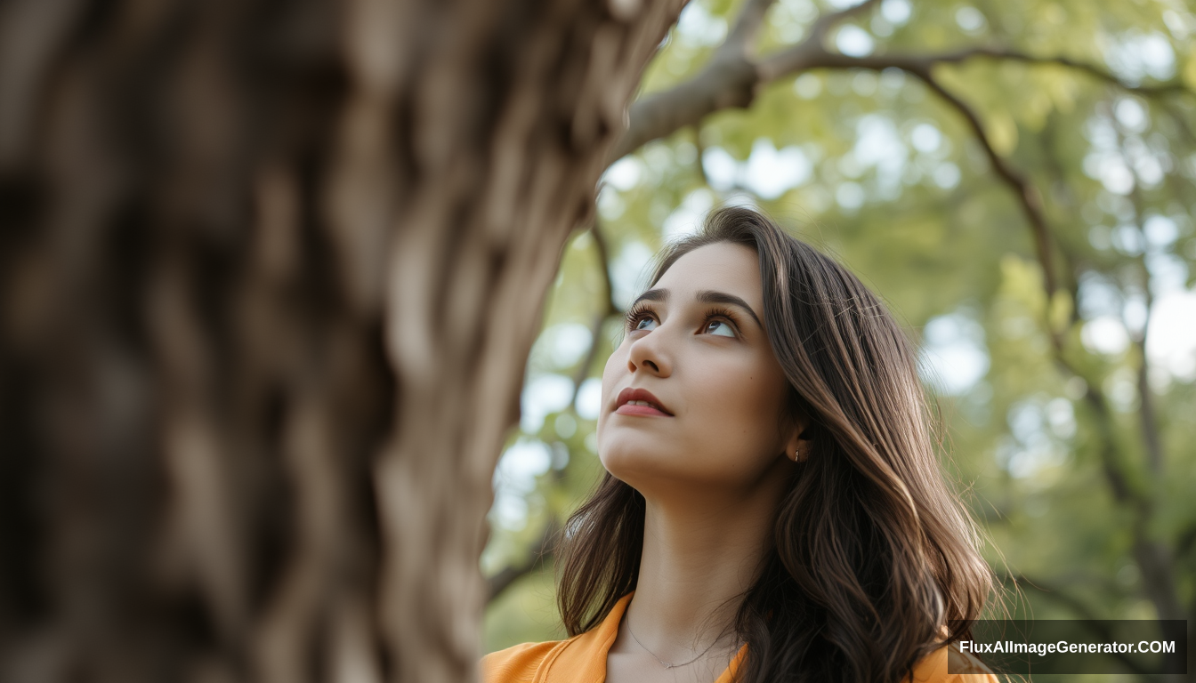 A woman is looking at the tree, looking at the camera. - Image