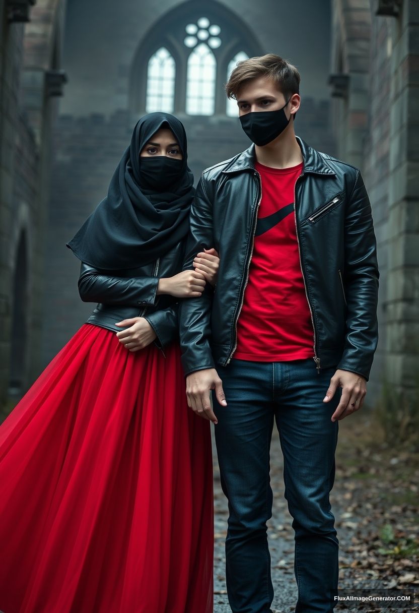 A biggest black hijab girl, beautiful eyes, face mask black, black leather jacket, biggest red longest dress, untall, standing near him and love, hold his arm,

Jamie Dornan, handsome, youngest, face mask black, fit and tough body, Nike red t-shirt, black leather jacket, jeans, red sneaker, tall man, standing near her

Hyper realistic, photorealistic, studio photography, Victoria's abandoned castle, gloomy. - Image