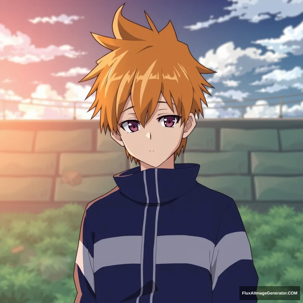 "Modify this anime image: https://imgur.com/SC73V8O, color the boy's hair in the center orange."