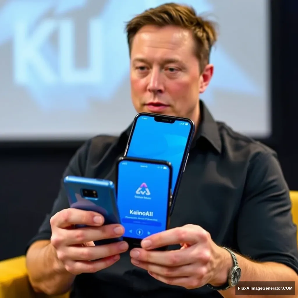 Elon Musk sostiene un teléfono y la pantalla del teléfono muestra la aplicación KainoAI, la aplicación es de estilo azul.