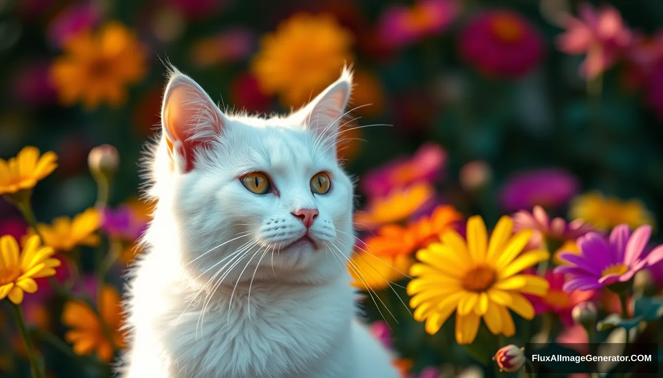 pam-swtvrld white cat, colorful flower background and warm light, full depth of field and realistic textures, highly detailed, masterpiece, high quality, 8K Ultra HD,