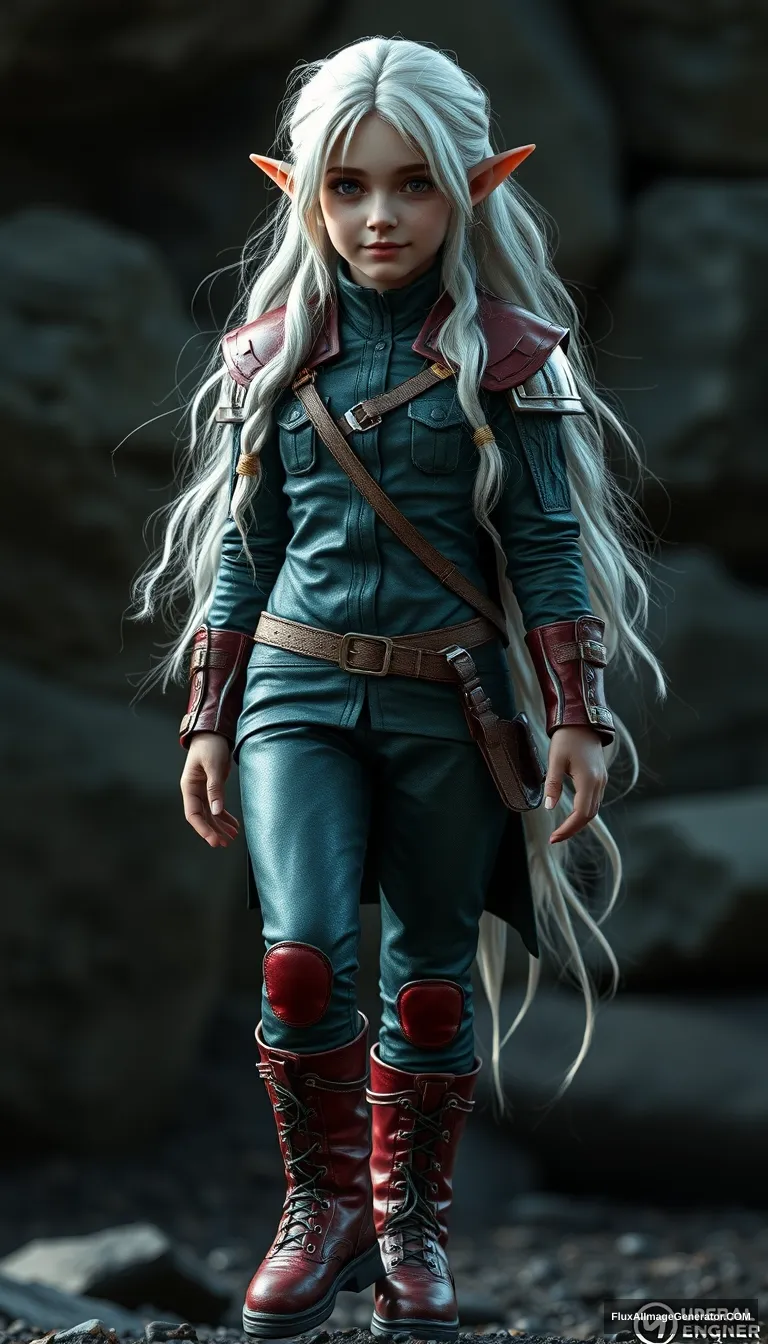 girl elf warrior (Hannah Dakota Fanning), full body shot, platinum colored hair, greenish military metallic uniform, reddish military metallic boots, hyper-realistic photo, 8K, unreal engine. - Image