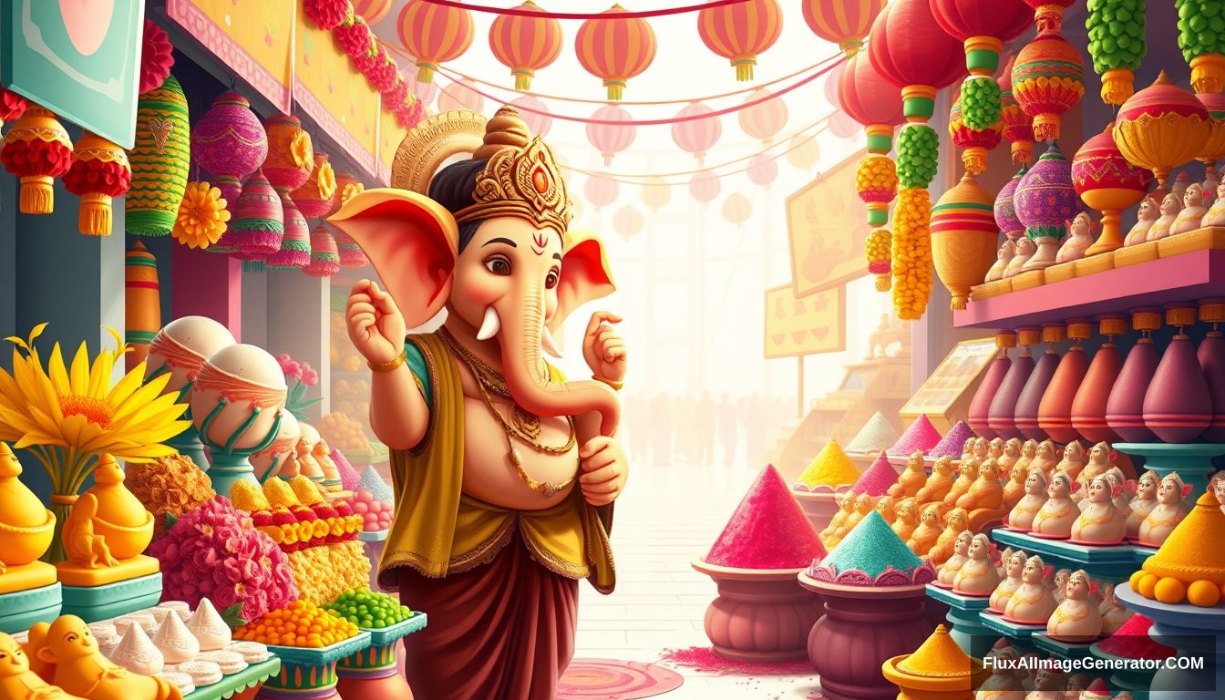 Imagine Lord Ganesha as a real human-like god, casually shopping for his own festival in a vibrant, modern marketplace. He should be depicted with a friendly and approachable demeanor, wearing traditional yet contemporary clothing. Show him browsing stalls filled with colorful decorations, fresh flowers, sweets, and clay idols of himself. Include playful details like Ganesha checking out the latest modak flavors, picking out vibrant rangoli powders, and chatting with vendors. The scene should blend the divine with the everyday, creating a warm, joyful atmosphere that celebrates the spirit of the festival in a relatable and light-hearted way.