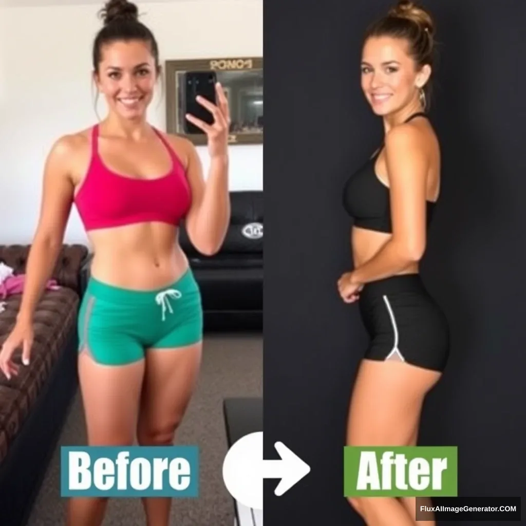 Fitness model influencer Emma's before-and-after photos. Her waist is half the width of her hips.