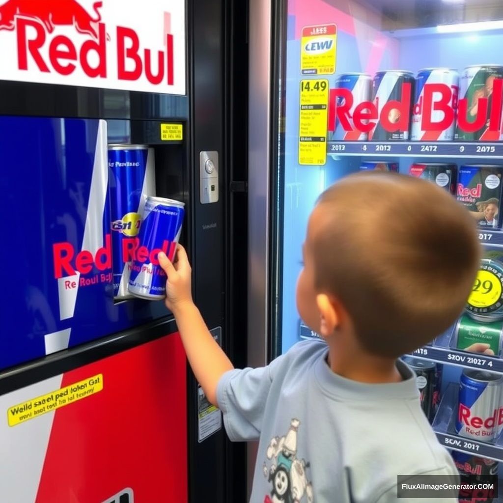 A boy is picking a Red Bull can from the vending machine.