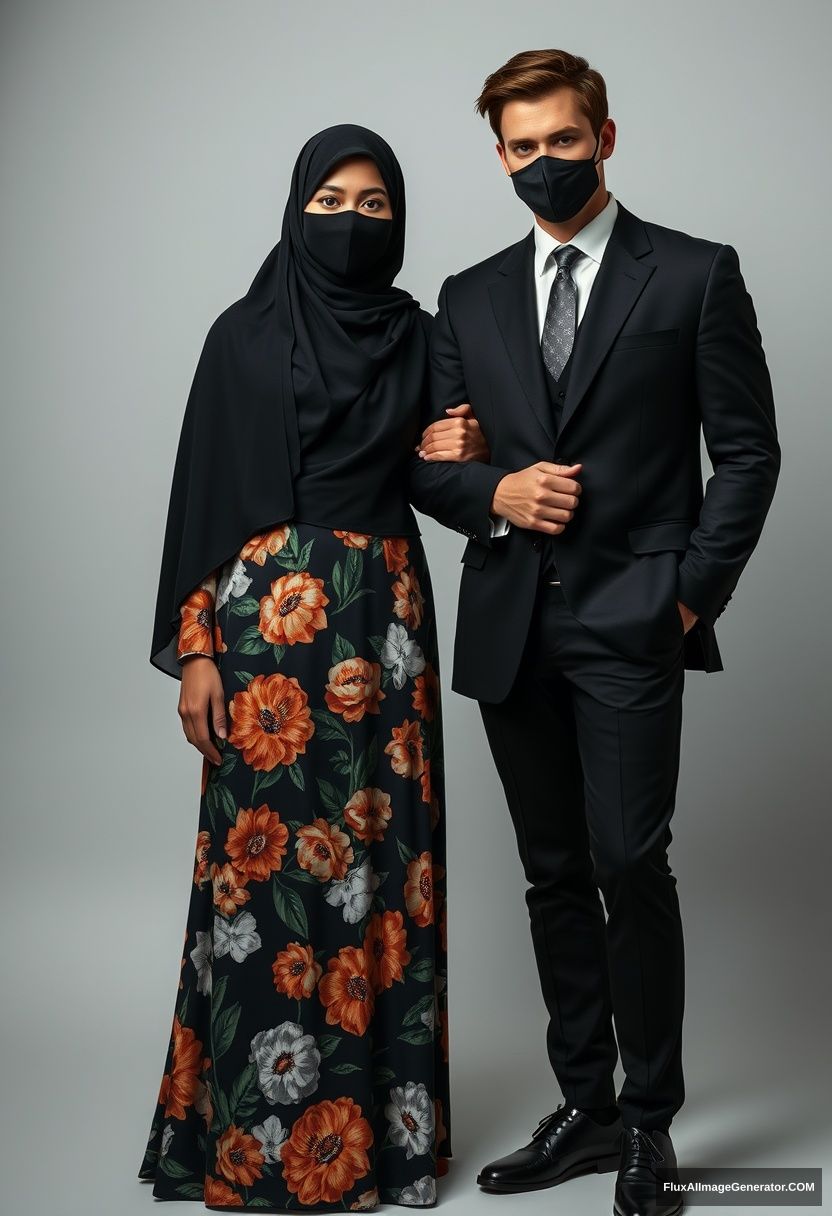 A biggest black hijab girl, slim girl, beautiful eyes, face mask black, biggest floral longest dress, standing hold his arm

Jamie Dornan, youngest, black suit coat, white shirt, grey pattern tie, black leather sneaker, tall man, face mask black, fit tough body, standing near her,

hyper realistic, studio photography.