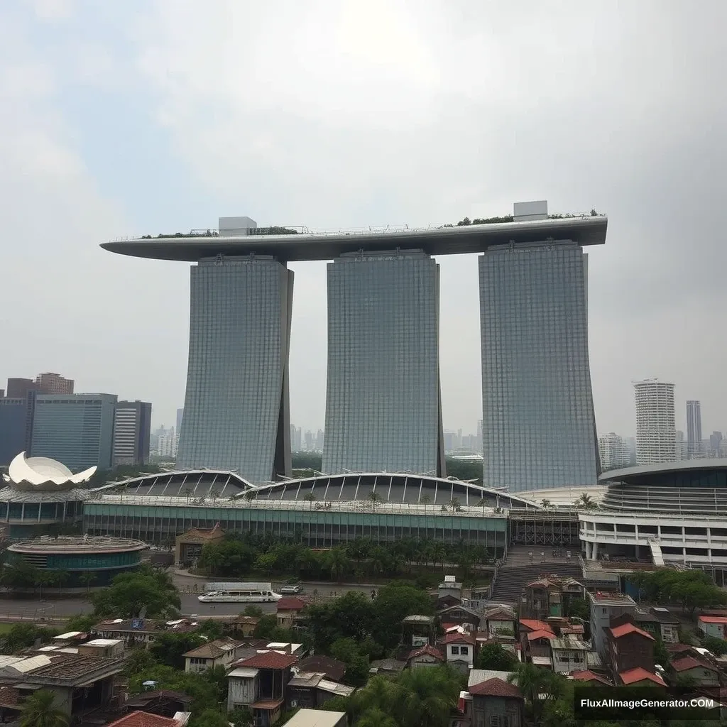 Reimagine the Marina Bay Sands in a run-down and poorly maintained state, post-apocalyptic world. - Image