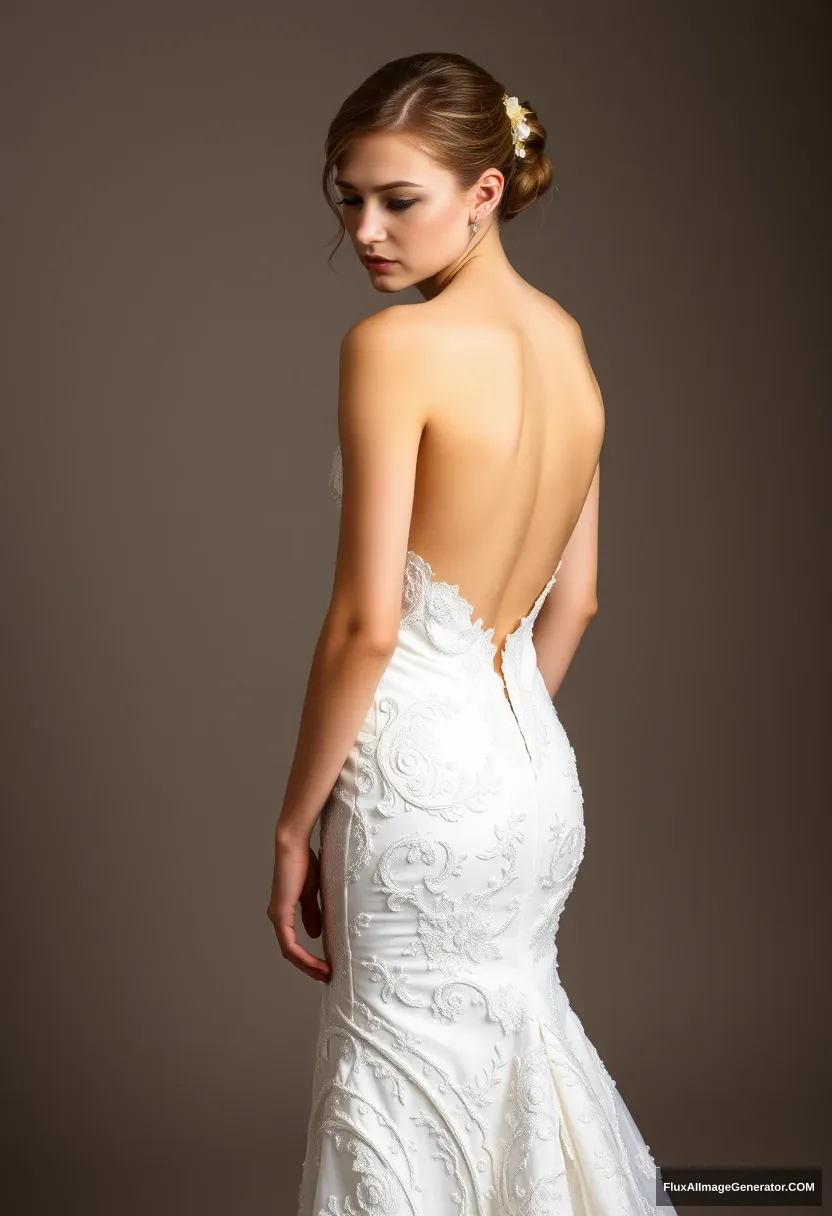 A short young woman, sensitive, delicate, ashamed, wearing a backless, strapless, side-less, low-waisted, open-back contouring wedding dress that seems like it's going to come undone, in front of patriarchy and expectations.