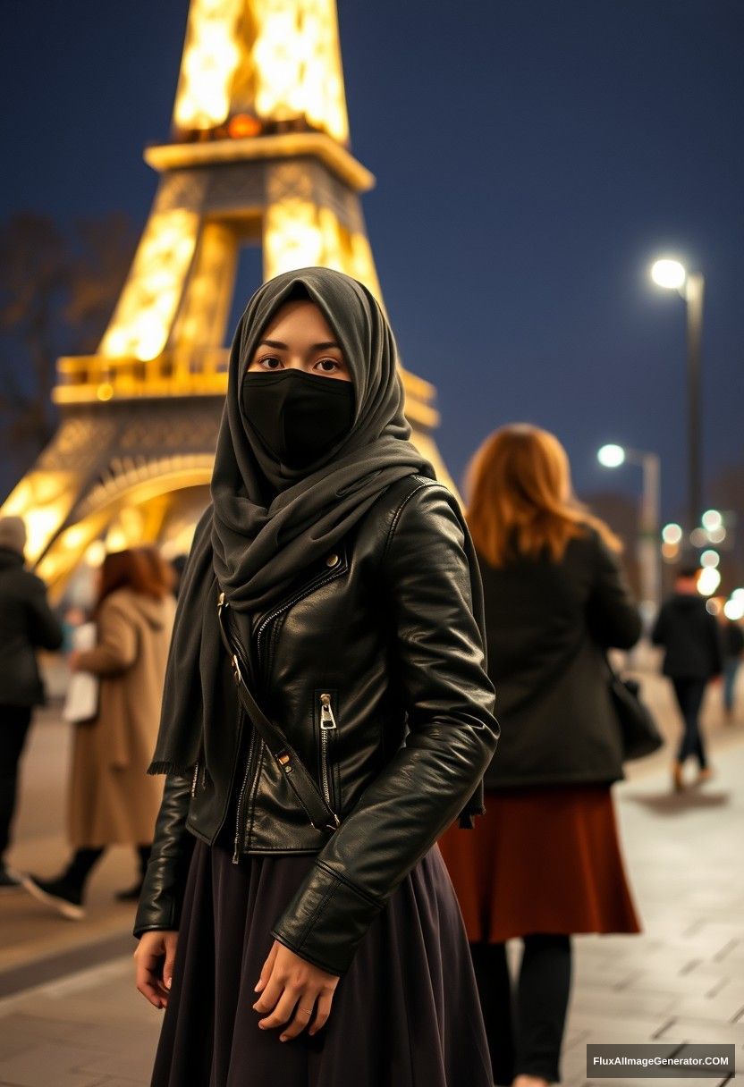 Biggest grey hijab Muslim girl, beautiful eyes, face mask black, leather jacket, biggest longest skirt, standing near Eiffel Tower, night scenery, strangers back, hyper realistic, photorealistic, street photography, hold someone's hand from back, come hold my hand.