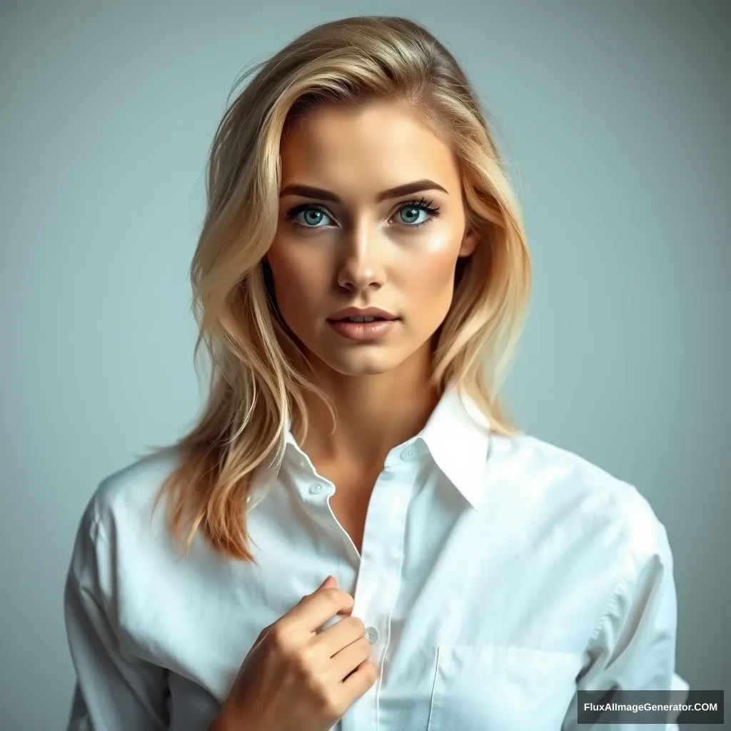 A beautiful blonde model wearing a partially buttoned white shirt, doing a photoshoot, looking straight at the camera. - Image