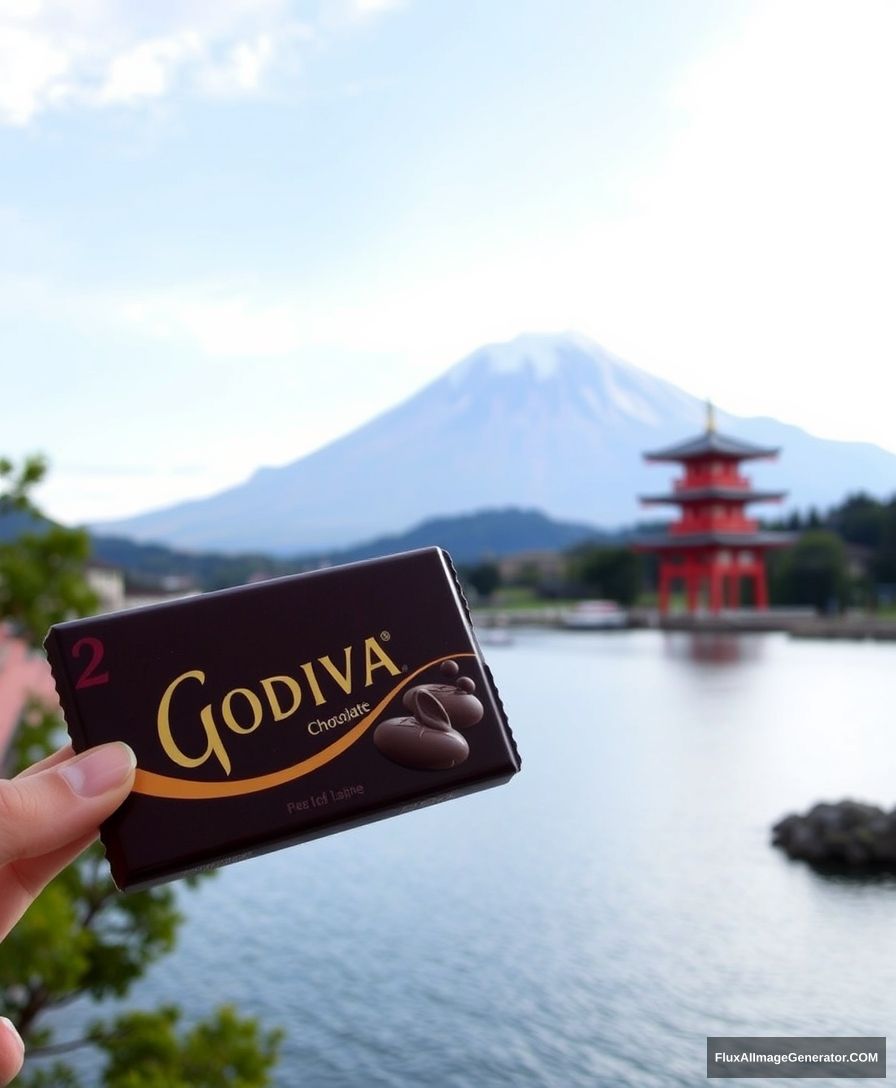 Godiva chocolate, Japanese Mount Fuji background.