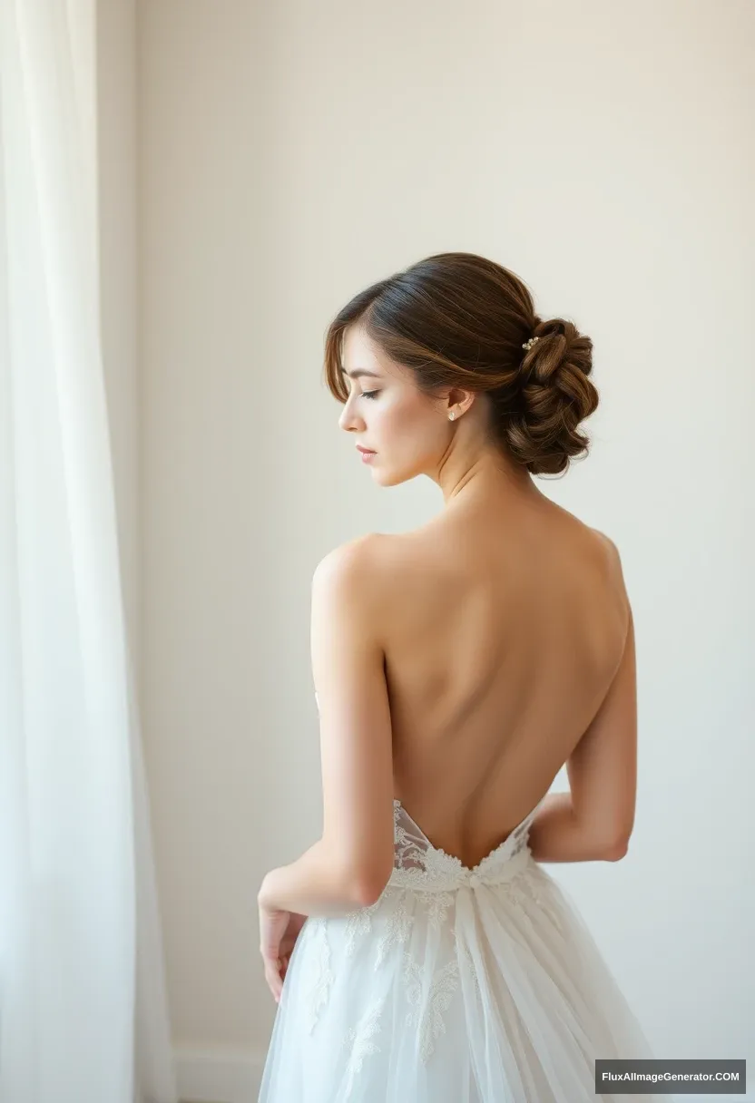 a young woman, sensitive, delicate, ashamed, backless strapless low-waisted airy wedding dress - Image