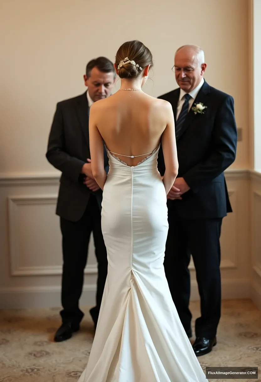 A short young woman, sensitive, delicate, backless strapless side-less low-waisted contouring wedding dress with a loose front and an open rear. Mingling submissively with fathers. Expectations. Perfect posture. Pale skin.