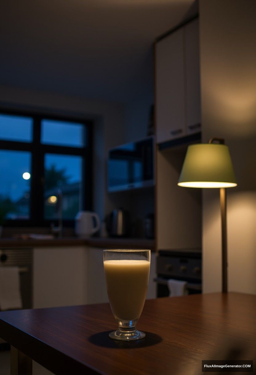 At a modern kitchen, at midnight, gloomy lighting lamp, fresh milk in a glass on a table.