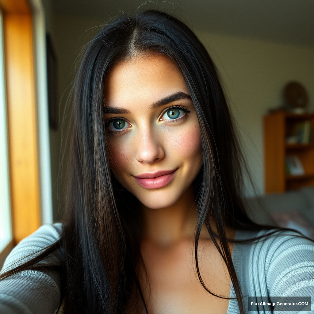 photoreal instagram selfie, a 23 year old gorgeous woman, slight smile, detailed skin face and eyes, natural lighting, at home, long hair, film grain, low contrast, natural face, freckles, black hair. - Image